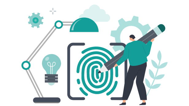 Graphic showing a designer drawing a fingerprint